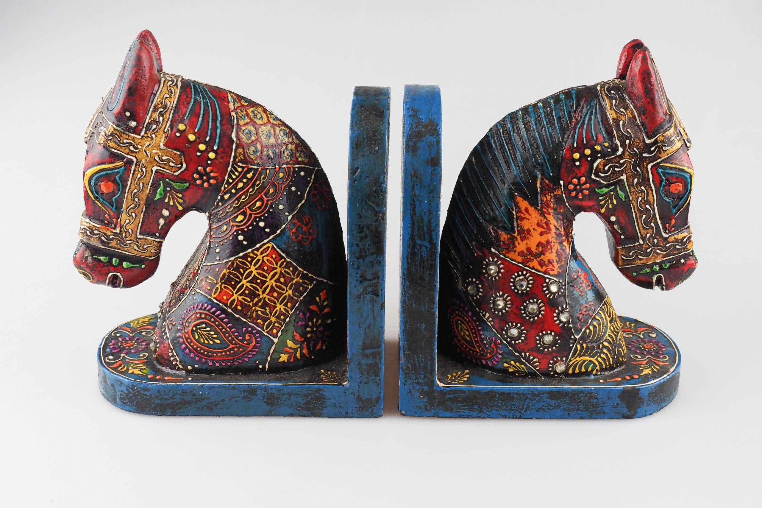 Rajasthan Wooden Handicraft Colorful Horse Bookend, Handmade Hand Painted, Ethnic Indian Bookends