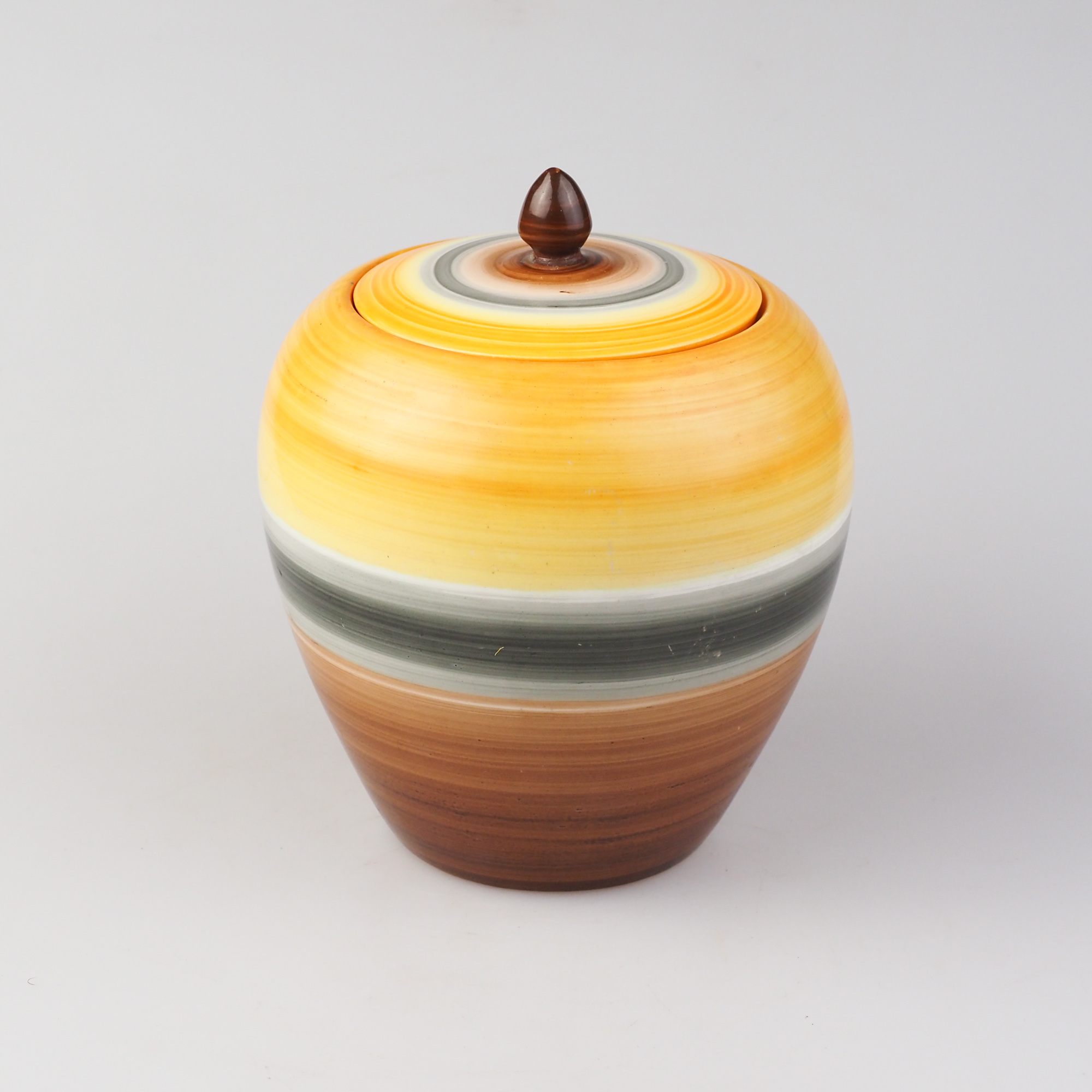 Vintage Wedgwood Art Decor 1930s Lidded Jar/Container ,Orange And Brown Horizontal Hand Painted Pattern