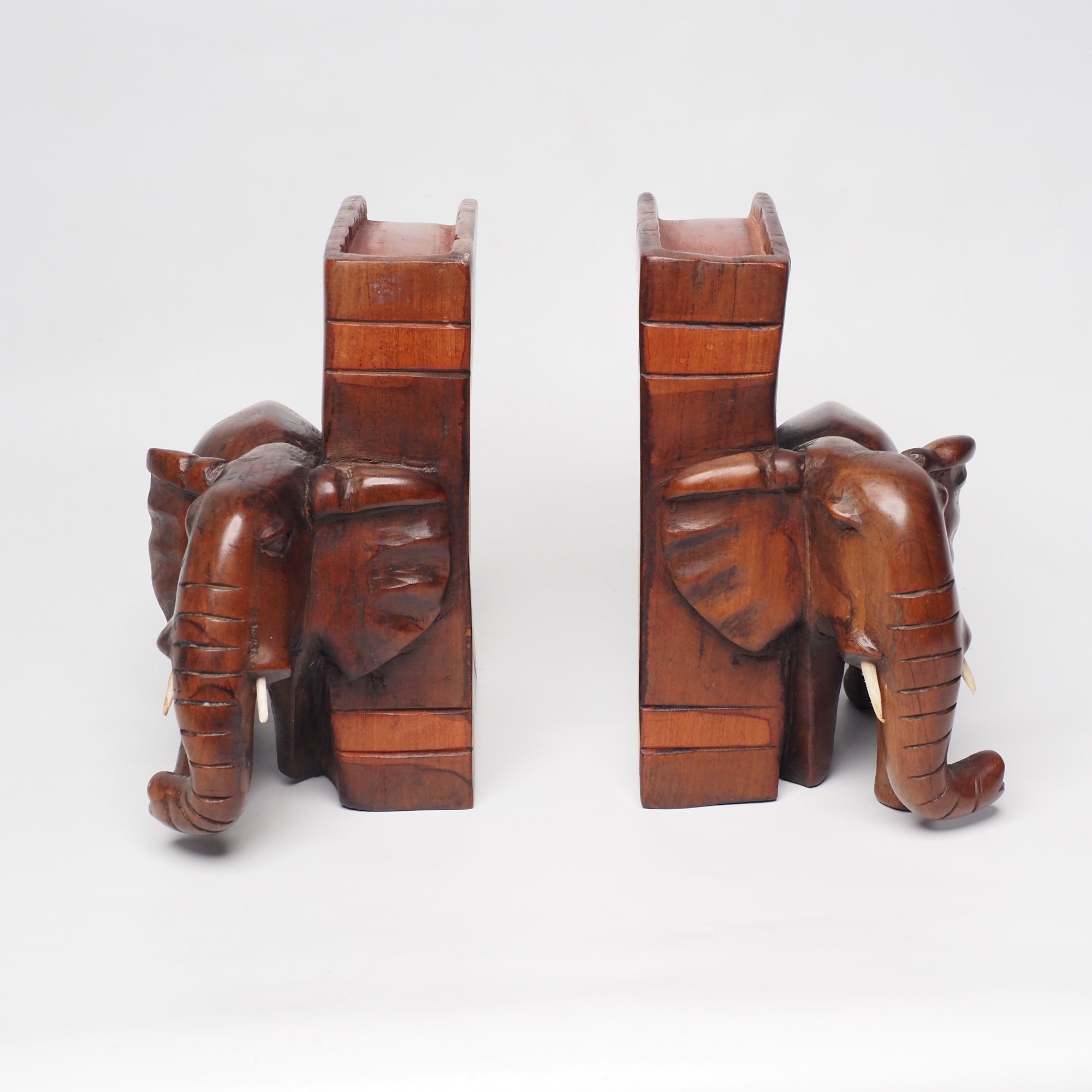 Vintage Pair Of Hand Carved Wooden Indian Elephant Bookends